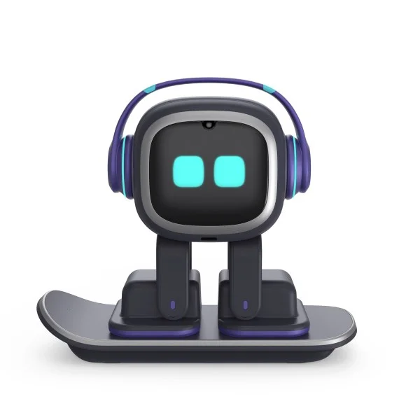 EMO desktop robot with illuminated eyes and headphones