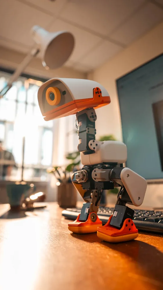 Microduck biped standing on a desk with its beak open