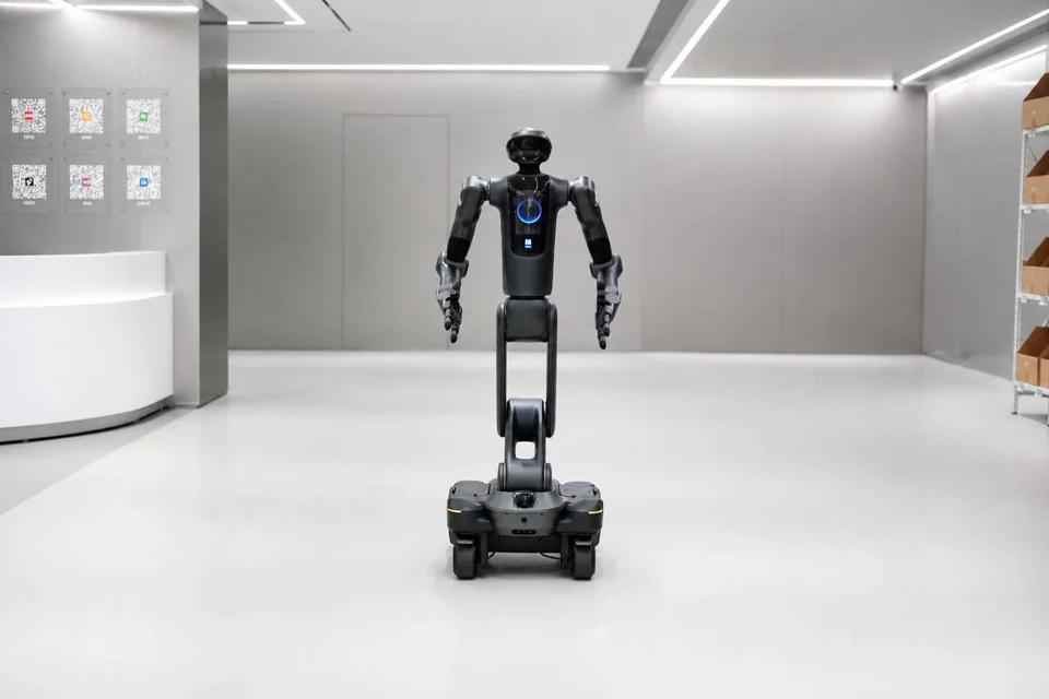 The 2026 PUDU D7 semi-humanoid on its mobile base