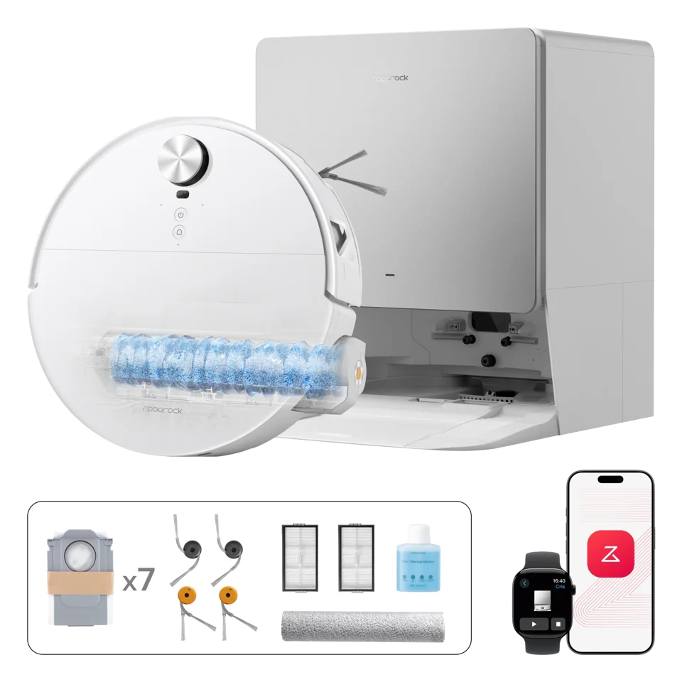 White Roborock Saros 20 Flow robot, dock and Flow Complete accessories