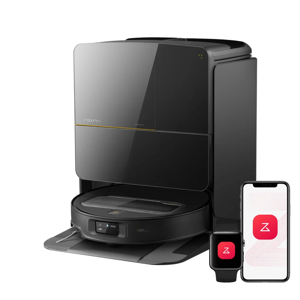 Black Saros Z70 vacuum robot with dock and illustrated app devices
