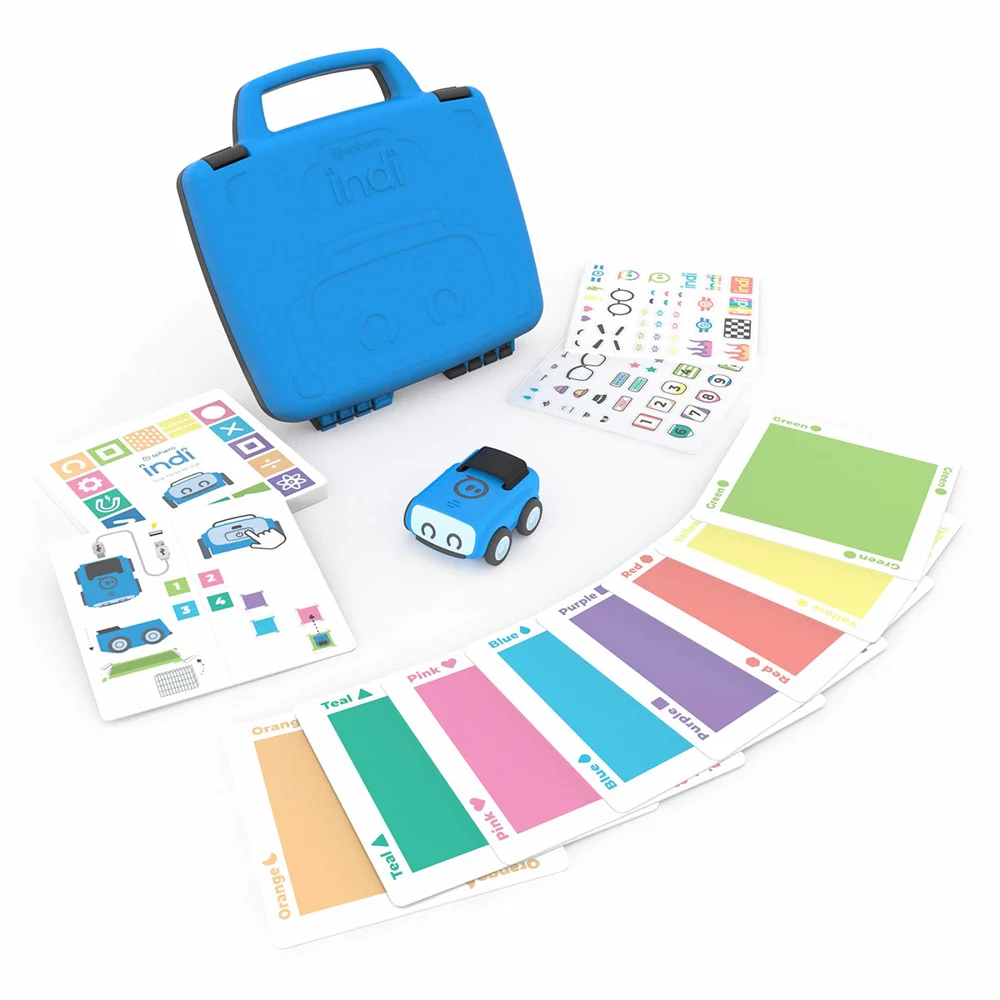 Sphero indi robot beside the Single Student Kit case and colored tiles