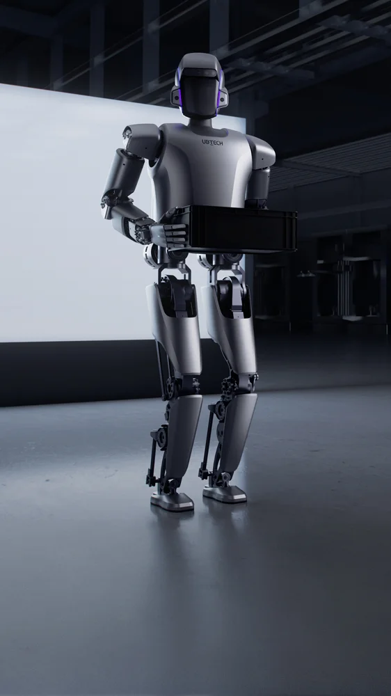 UBTECH Walker S1 standing in a dark industrial space